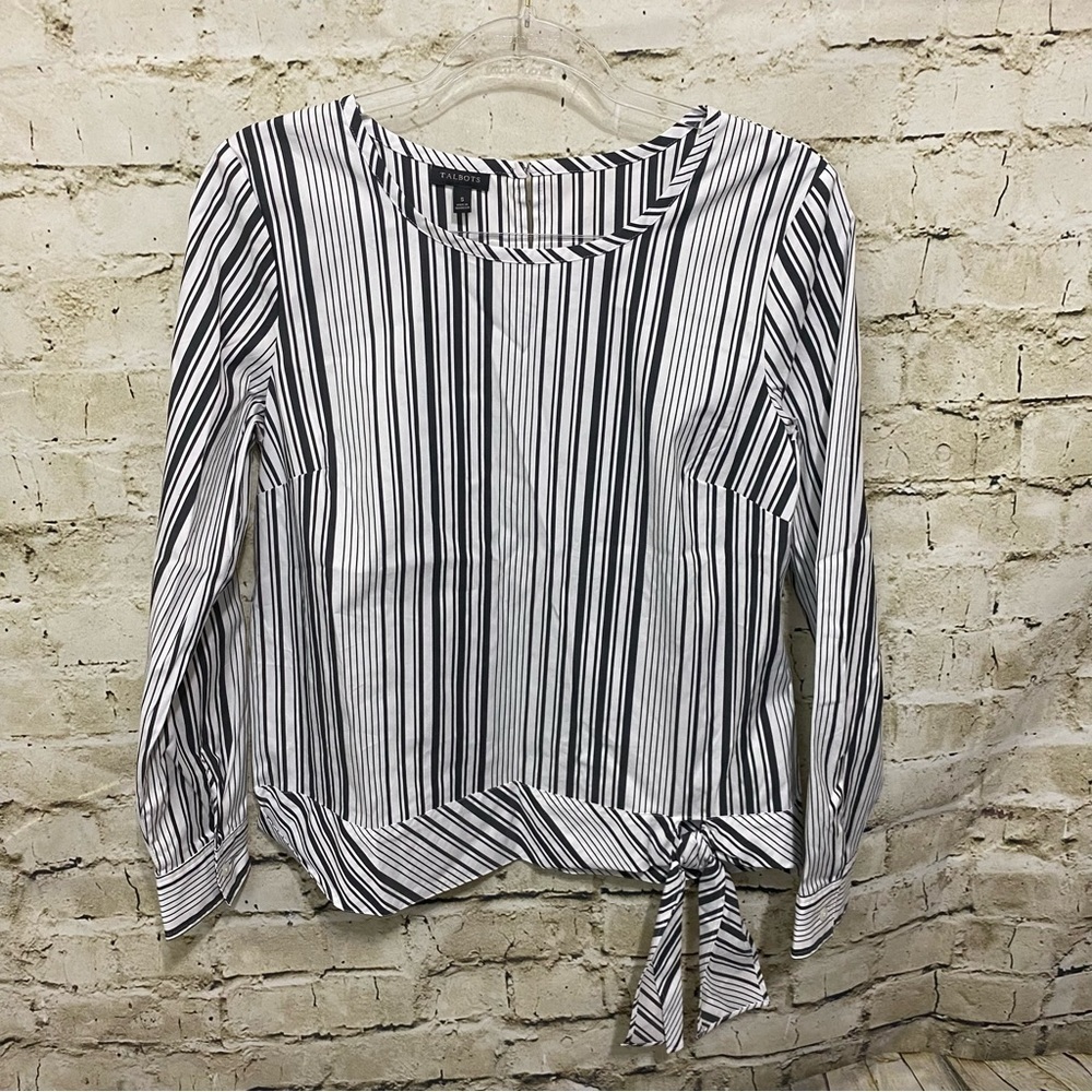 Talbots Black White Striped Cotton Blend Tie Waist‎ Top
